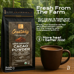 U Chocolate Creations cacao powder with measuring scoop ready for recipes.
