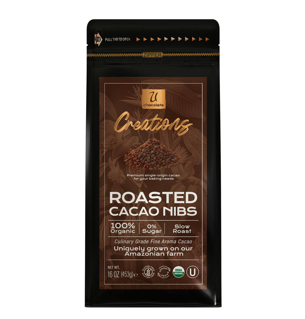 U Chocolate Organic Cacao Nibs 16oz bag highlights premium nib quality for healthy snacking.
