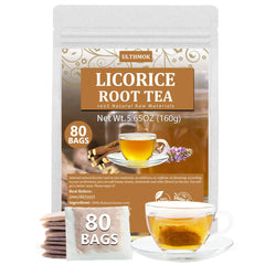 ULTHMOK licorice tea bags in packaging show pure ingredients and caffeine-free sweetness.