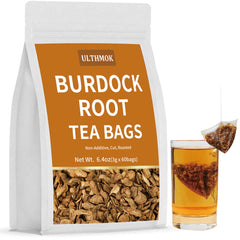 ULTHMOK Premium Burdock Tea Bags packaging shows natural, additive-free tea.