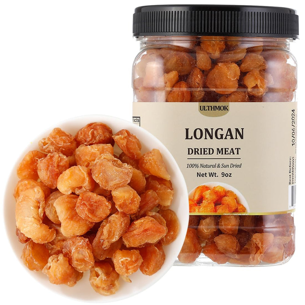 ULTHMOK premium dried longan fruit 9oz packaging closeup, convenient pantry snack.