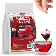 ULTHMOK Premium Hibiscus Tea Bags front packaging, convenient caffeine-free option for daily refreshing moments.