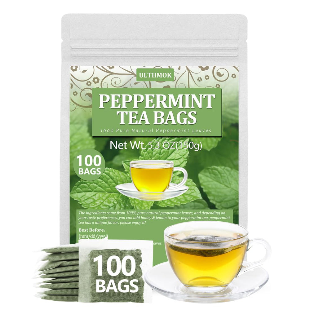 ULTHMOK Premium Peppermint Tea Bags pack showcasing pure leaves for refreshing caffeine-free tea.