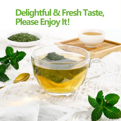 ULTHMOK tea bags closeup of peppermint leaves for vibrant aroma and flavor.