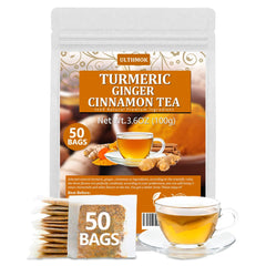 ULTHMOK turmeric-ginger-cinnamon tea bags show a premium three-ingredient blend.