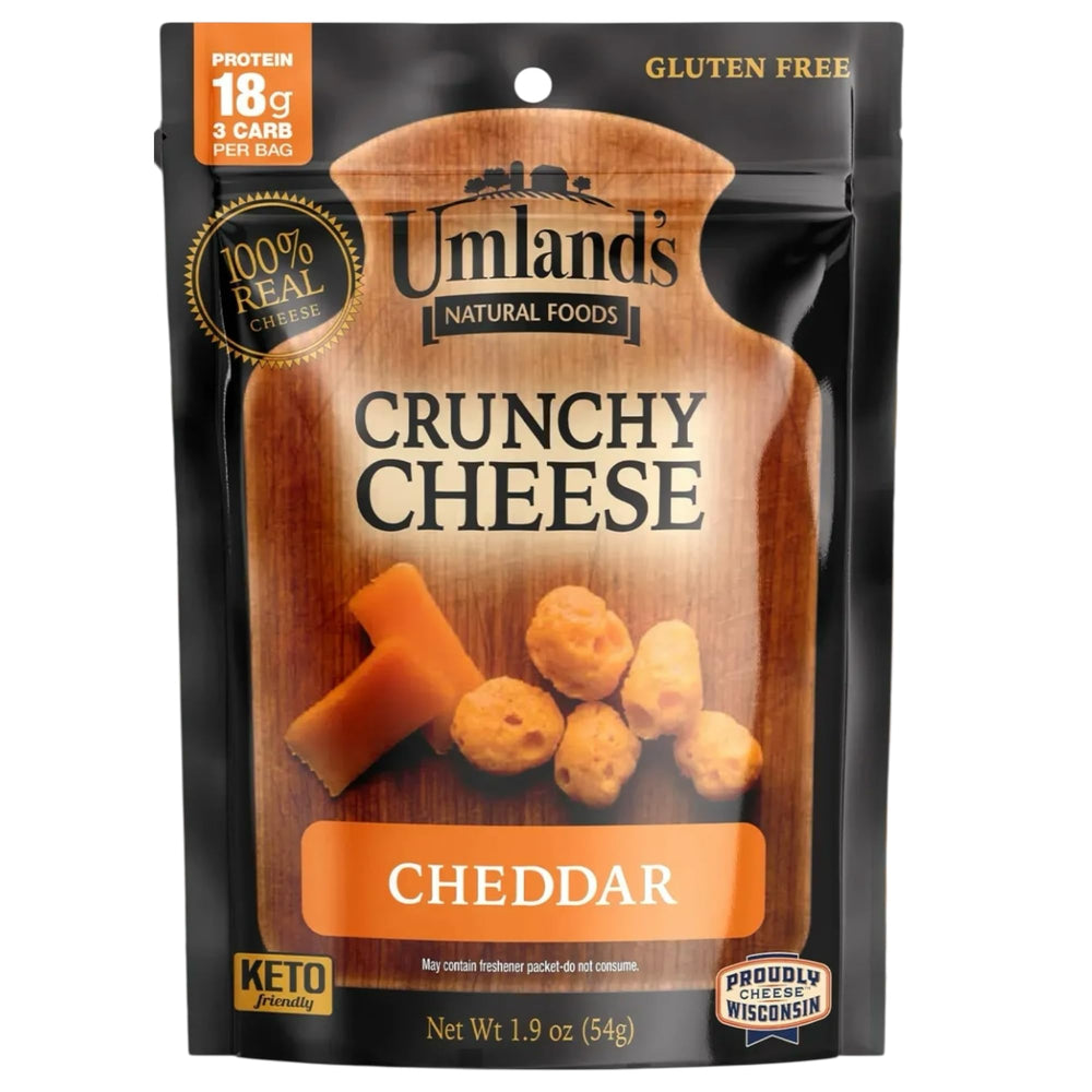 Umland's Crunchy Cheese cheddar bag shows real Wisconsin cheddar and a bold crunch.
