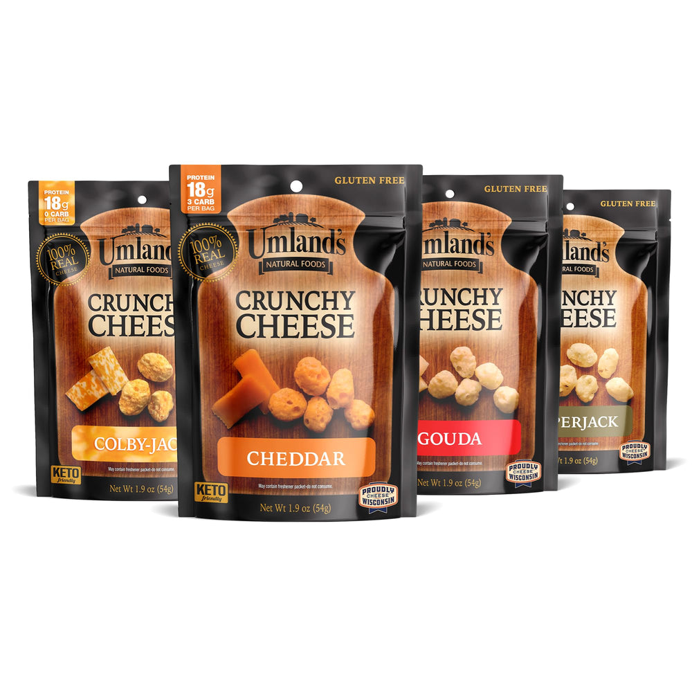 Umland's Crunchy Cheese Variety Pack front view with 4 flavors for gifting or tasting.