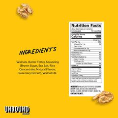 Four-pack of Unbound Butter Toffee Walnuts on a store shelf for convenient snacking.