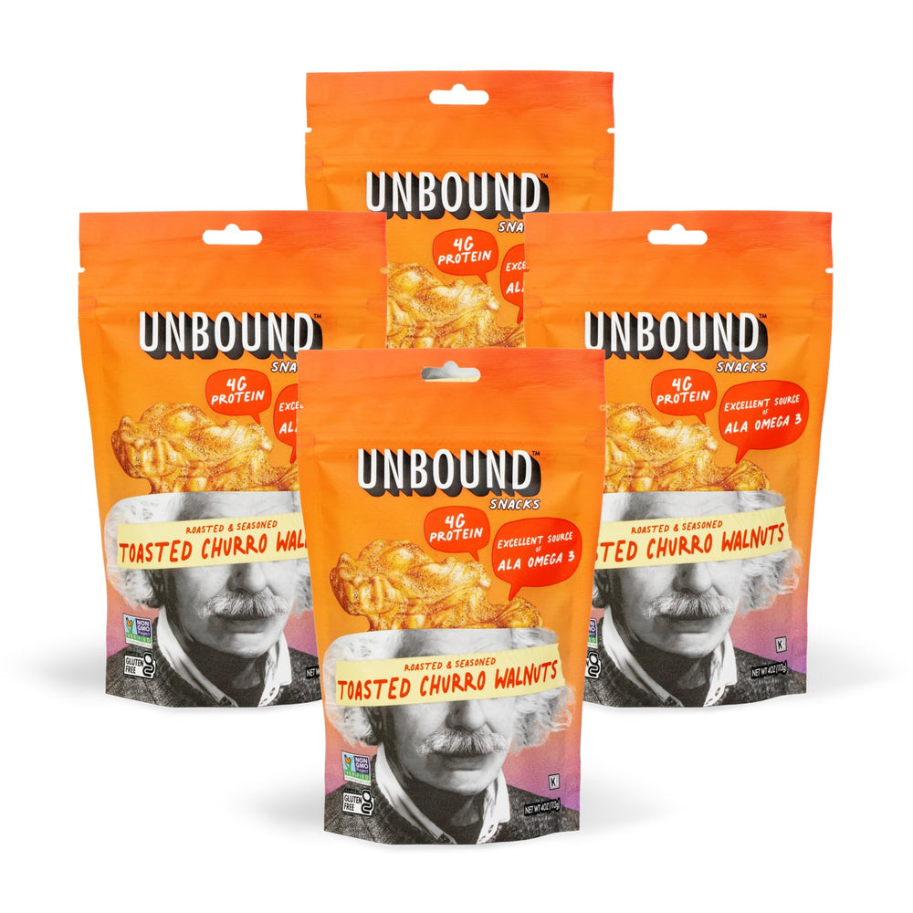 Unbound Snacks Toasted Churro Walnuts pack-front highlight premium protein snack