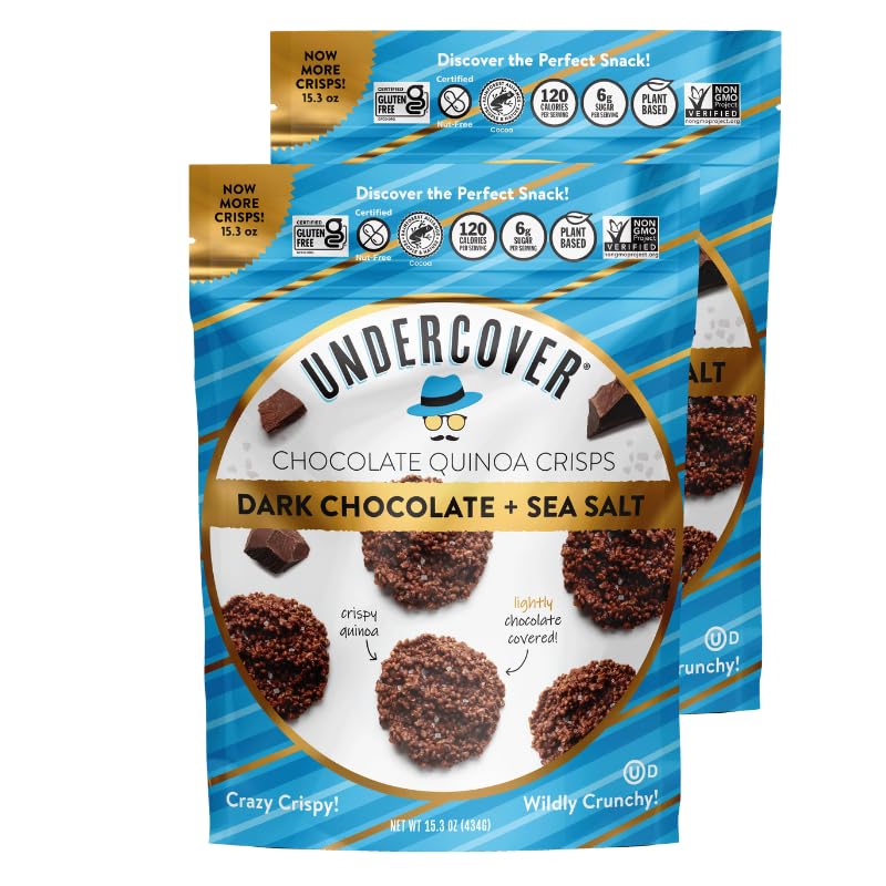 Undercover Chocolate Quinoa Crisps bite shows crunchy quinoa with dark chocolate, ideal for a quick indulgence.