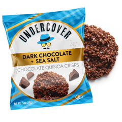 Undercover Snacks chocolate quinoa crisps with dark chocolate and sea salt, glossy finish close-up