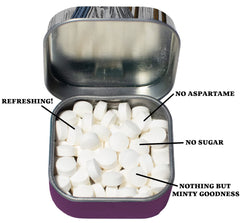 Alice's Enchantmints tin beside a cup, implying elegant, portable breath care.