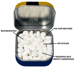 Closeup of EmpowerMints in tin highlighting the mint detail and packaging.