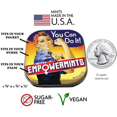 Rosie the Riveter EmpowerMints tin side view showing compact pocket-friendly size.