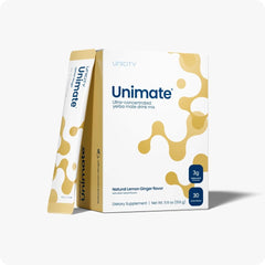 Unicity Unimate Lemon Ginger stick pack front view for on-the-go energy and flavor.