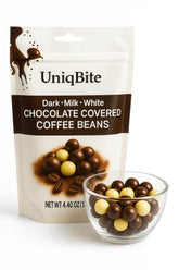 UNIQBITE chocolate-covered coffee beans in resealable bag for convenient mixed-flavor snacking.