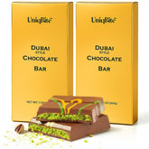 UniqBite Dubai Pistachio Chocolate Bar shows pistachio-chocolate fusion for a premium snack.