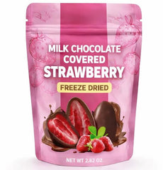 UNIQBITE milk chocolate covered freeze-dried strawberries in resealable bag for freshness.