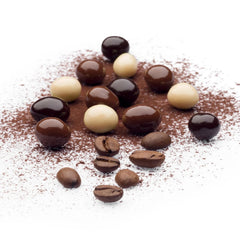 Triple chocolate coating on beans showcases dark, milk, and white varieties.