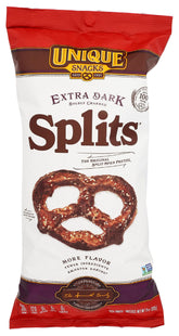 Unique Snacks Extra Dark Splits Pretzels bag view showing bold, savory snacking appeal.