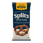 Unique Snacks Extra Dark Splits Pretzels bag shows bold charred flavor and crispy texture.