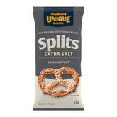 Unique Snacks Extra Salt Splits Pretzels bag—crisp, salty crunch for movie nights.
