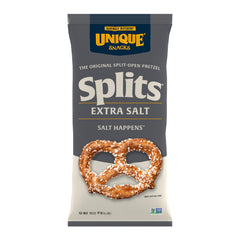 Unique Snacks Extra Salt Splits Pretzels bag—crisp, salty crunch for movie nights.