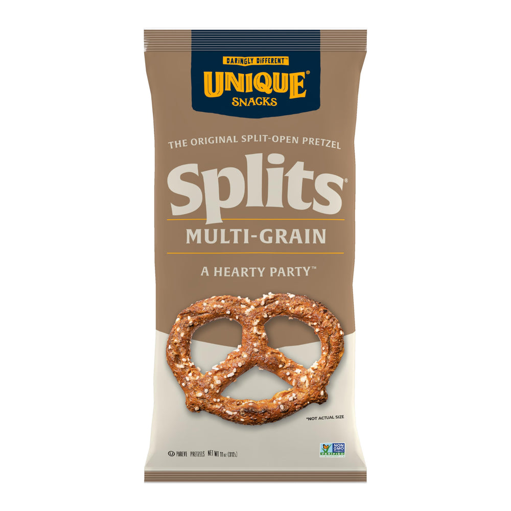 Unique Snacks Multi-Grain Splits Pretzels pack in a six-pack, ready for sharing.