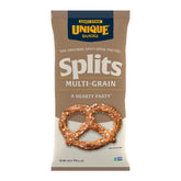 Unique Snacks Multi-Grain Splits pack shows homestyle baking and non-GMO goodness.