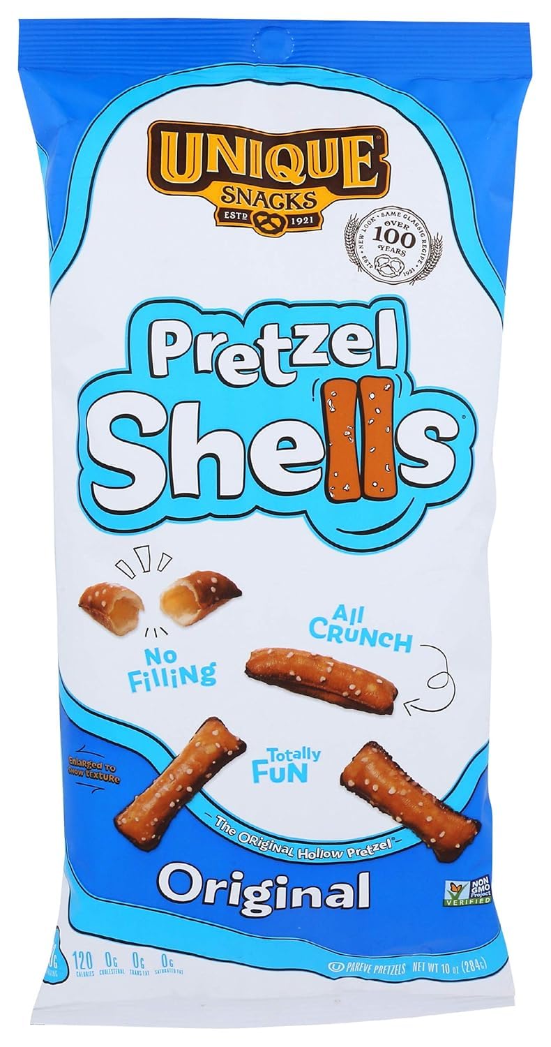 Unique Snacks original split-open pretzel shells, crisp and ready for dipping, ideal for on-the-go snacking