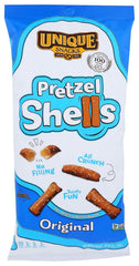 Unique Snacks original split-open pretzel shells, crisp and ready for dipping, ideal for on-the-go snacking
