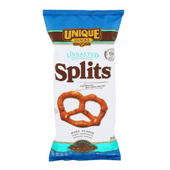Unique Snacks Unsalted Splits Pretzels packfront highlights a low-sodium snack option