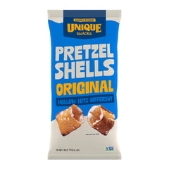 Unique Snacks Original Pretzel Shells bag hero shows crunchy texture and vegan appeal