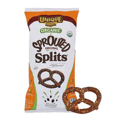 Unique Snacks Sprouted Splits Pretzels bag showing crisp, wholesome crunch.