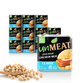 UnMEAT luncheon slices in a can front, convenient plant-based protein for quick meals.