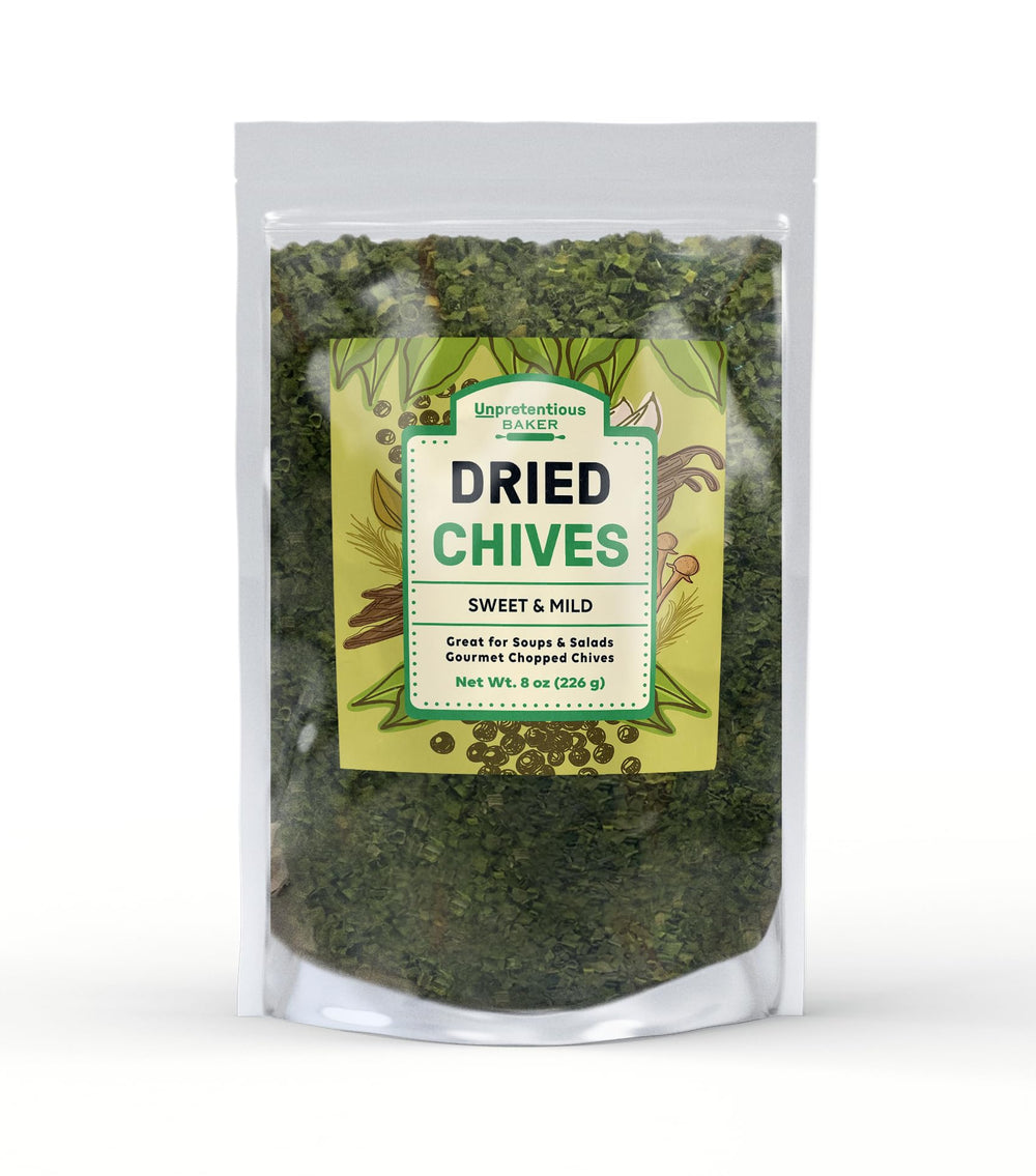 Unpretentious dried chives bag closeup; resealable packaging keeps freshness for toppings