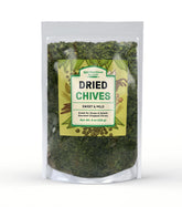 Unpretentious dried chives bag closeup; resealable packaging keeps freshness for toppings