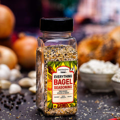 Unpretentious Everything Bagel Seasoning bottle on counter for quick savory seasoning in recipes.