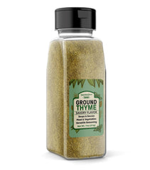 Unpretentious ground thyme jar front view ready to season everyday soups