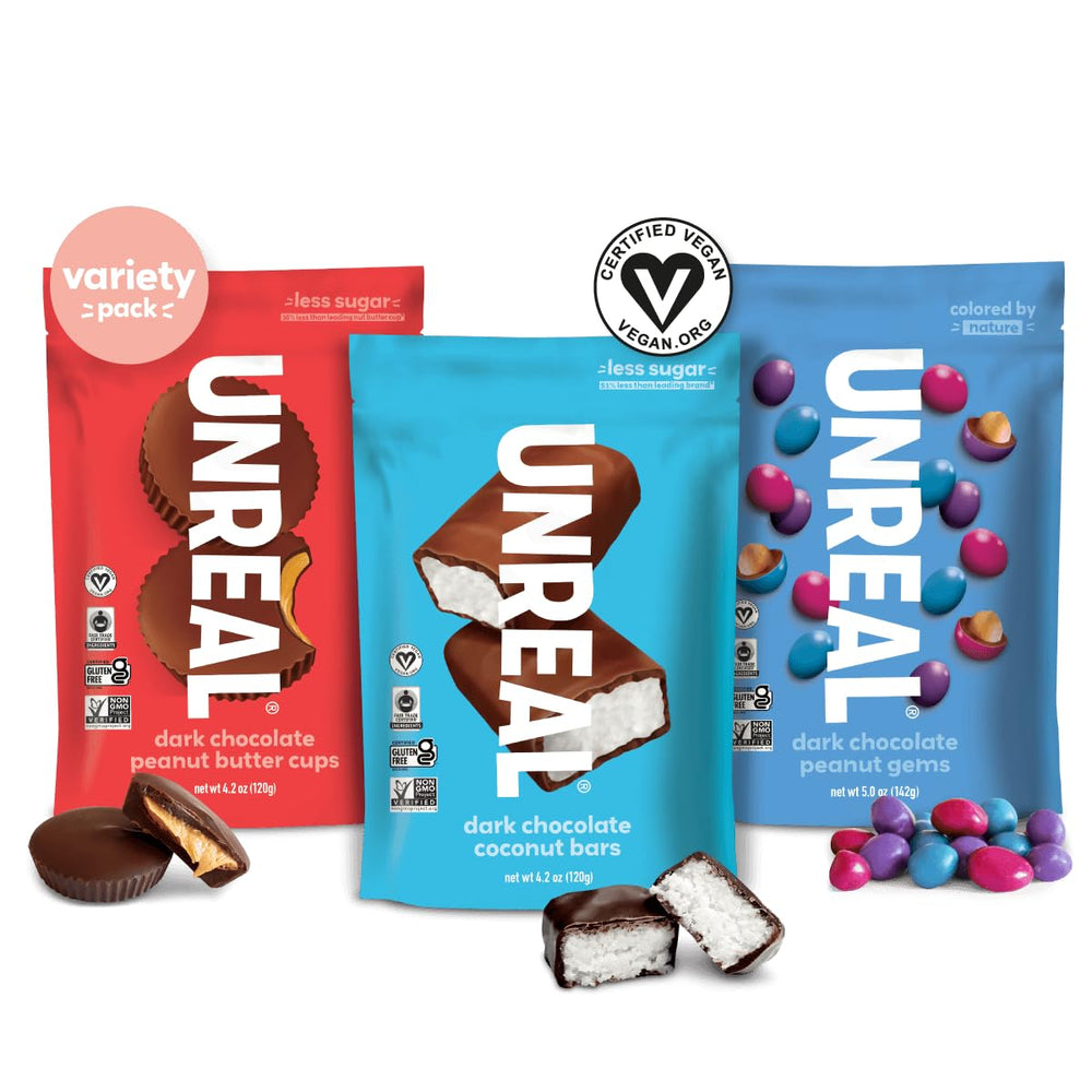 UNREAL assorted flavor pack pack-shot highlights a lower-sugar, non-GMO snack option.