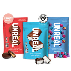 UNREAL assorted flavor pack pack-shot highlights a lower-sugar, non-GMO snack option.