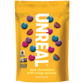 UNREAL Dk Crspy Qunoa bar close-up showing crispy quinoa for a crunchy, rich chocolate experience.