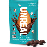 UNREAL Dark Chocolate Coconut Covered Almond bag—easy, on-the-go snack with less sugar.