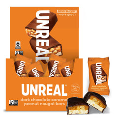 UNREAL dark chocolate peanut caramel nougat bar close-up, satisfying snack on the go.