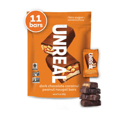 UNREAL dark chocolate peanut caramel nougat bars packaging highlights organic ingredients and low sugar.