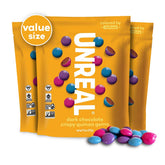 UNREAL Dark Chocolate Quinoa Gems pack front showing three resealable bags for easy snacking