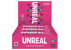 UNREAL Milk Chocolate Gems pack front with 12 snack packs for on-the-go.