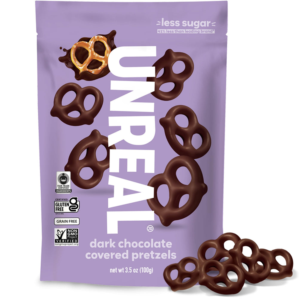 UNREAL Dark Chocolate Pretzels open bag ready for a quick snack.