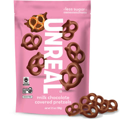 UNREAL Milk Chocolate Pretzels bag closeup, premium snack ready for on-the-go