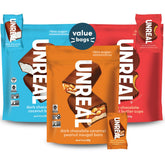 UNREAL Variety Pack three-bag sampler on front packaging highlighting fair trade chocolate